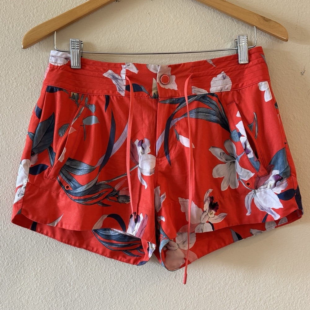 Athleta Hudson Swim Shorts Womens 2 Red Floral Lined Zip Pockets Beach Travel